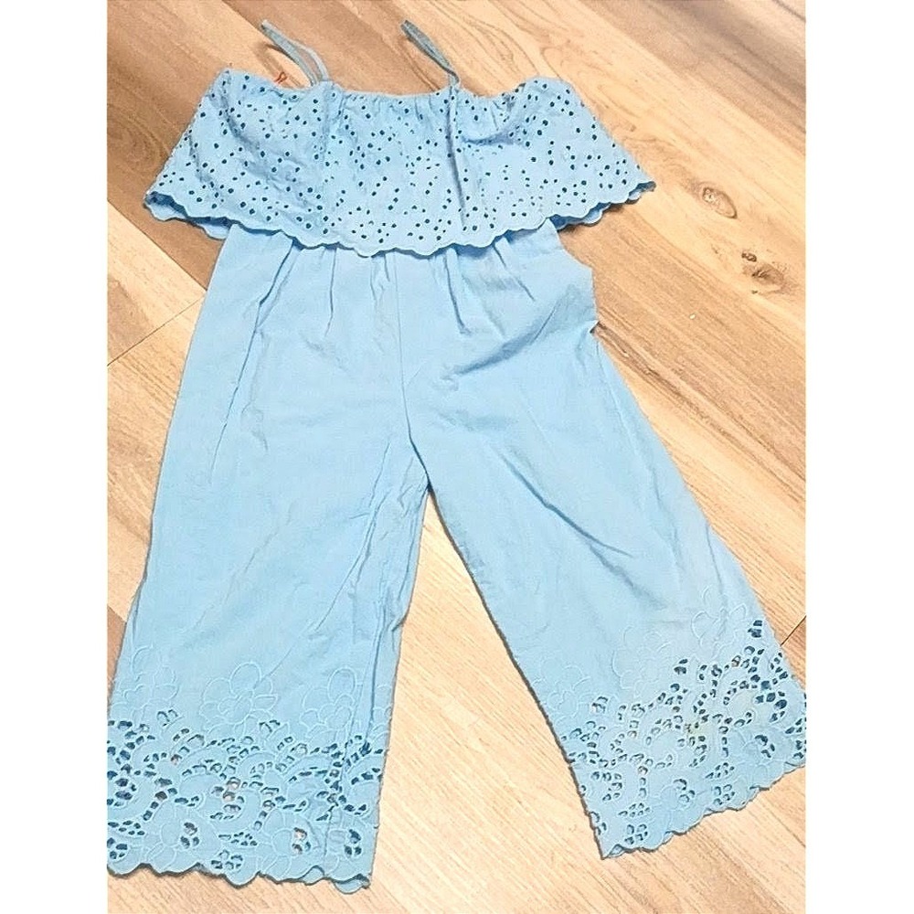 Size 5 Zara Kids Jumpsuit Light Blue Eyelet Ruffle Wide Leg Spaghetti Strap